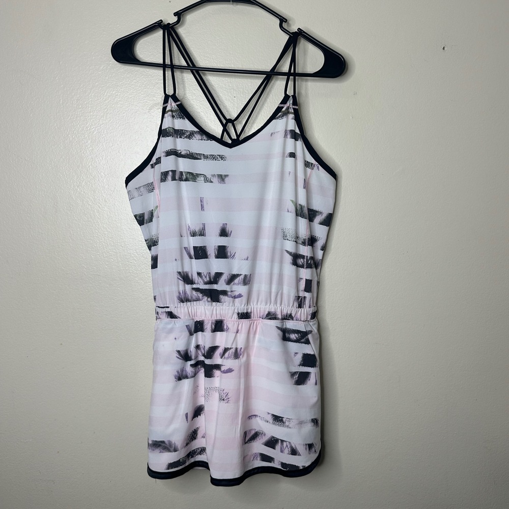 Lululemon Runsie Romper Sweaty or Not Pink White Striped Strappy Back size 8